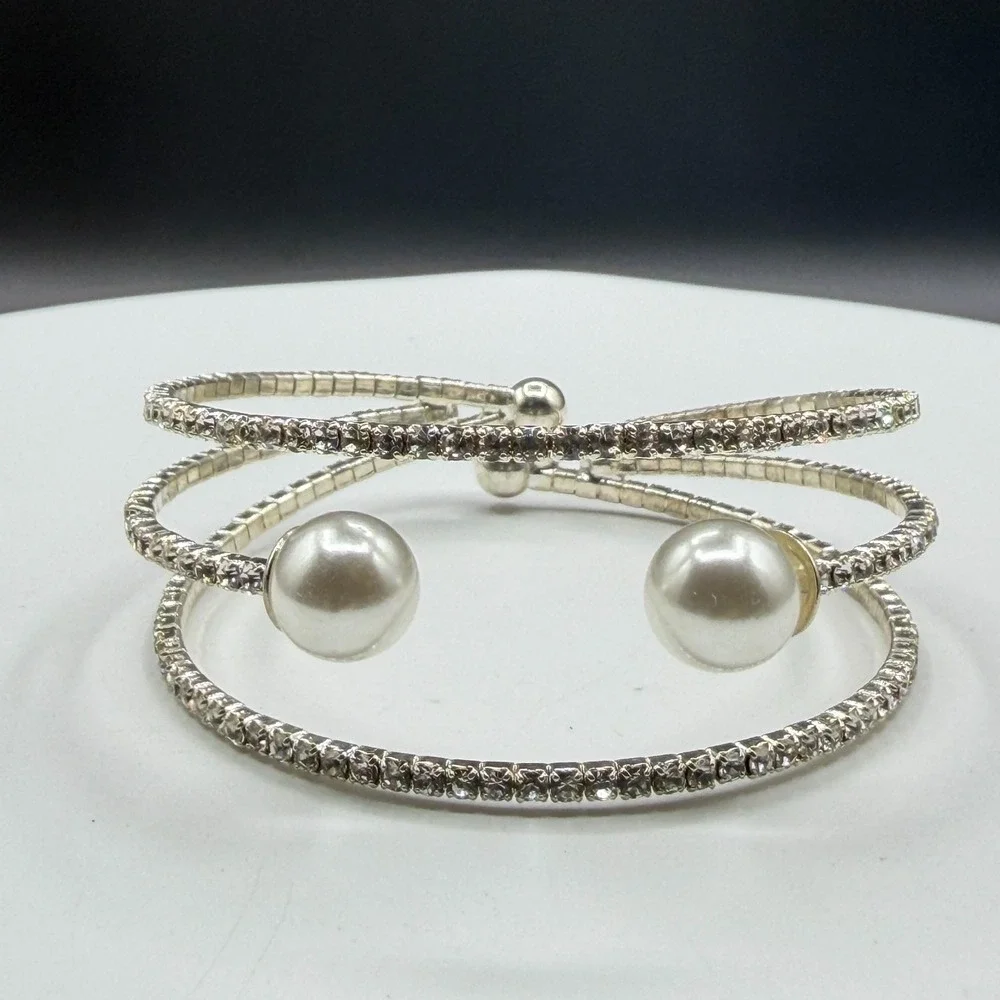 Clear Rhinestone Faux Pearl Silver Tone Triple Row Cuff Wrap Bracelet Bridal